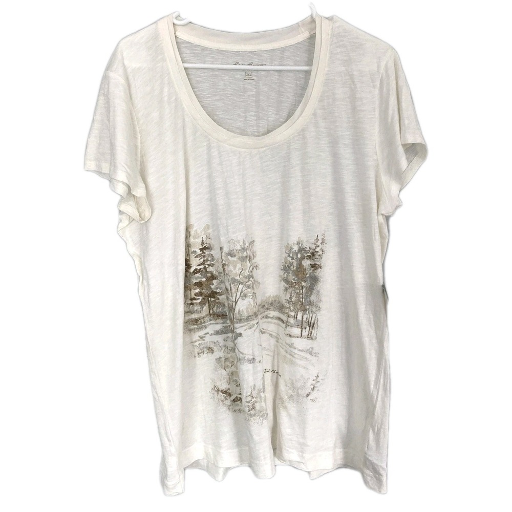 Eddie Bauer Shirt Women XXL White Scoop Neck Short Sleeve Watercolor Scenery NWT
